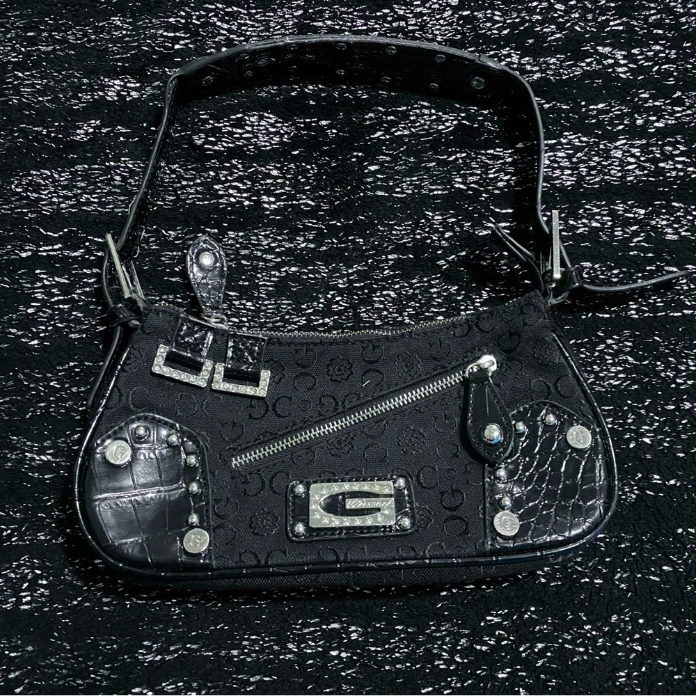 Guess black leather shoulder bag with silver hardware
